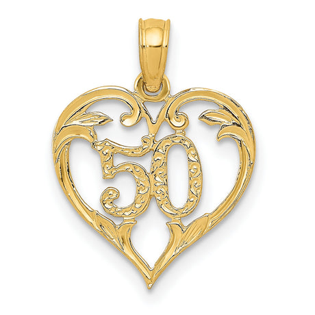 14k Yellow Gold Heart Pendant with Number 50 and Scrollwork for 50th Anniversary