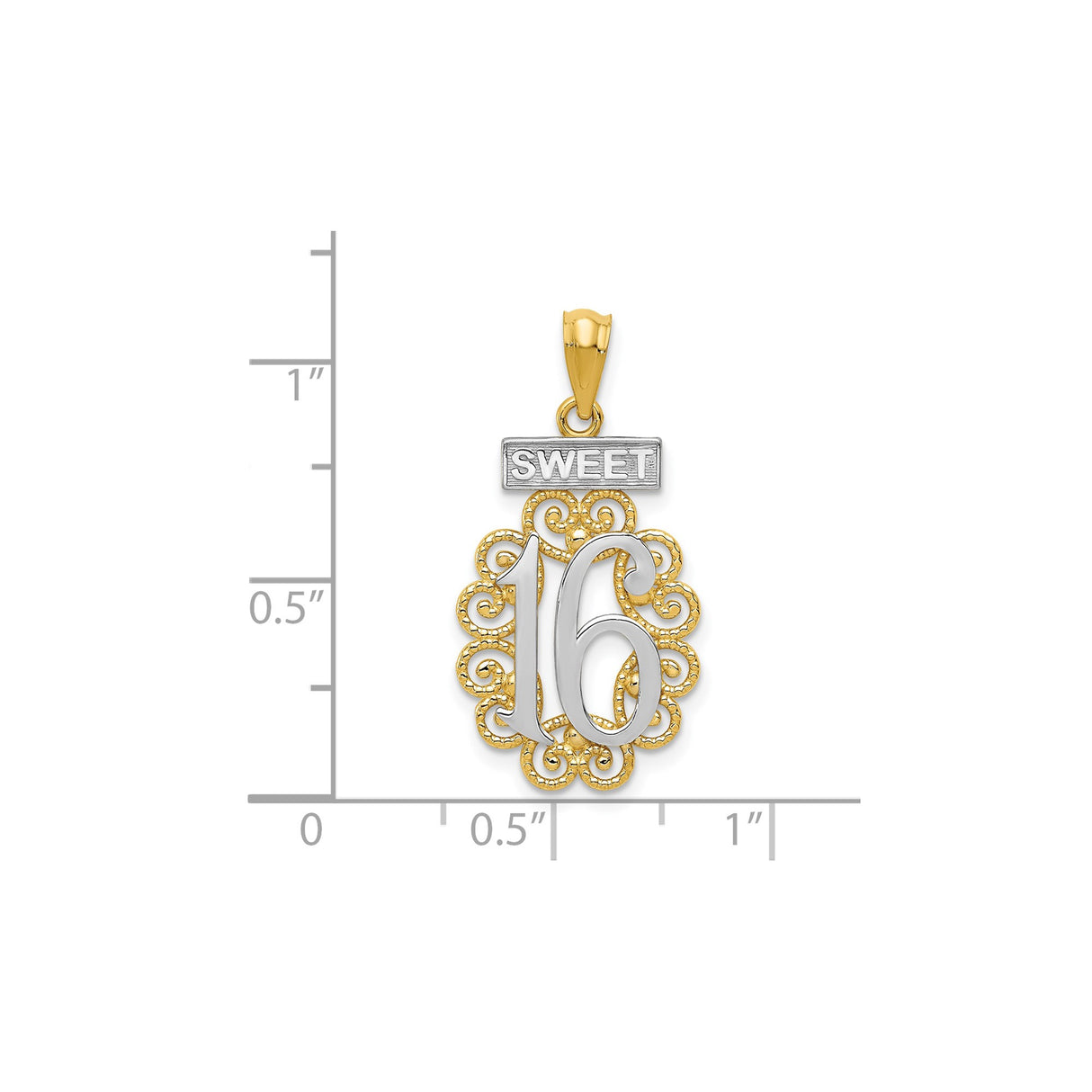 14k Multi-Tone Gold Sweet 16 Pendant, Oval Milestone Charm with Rhodium Scroll Design