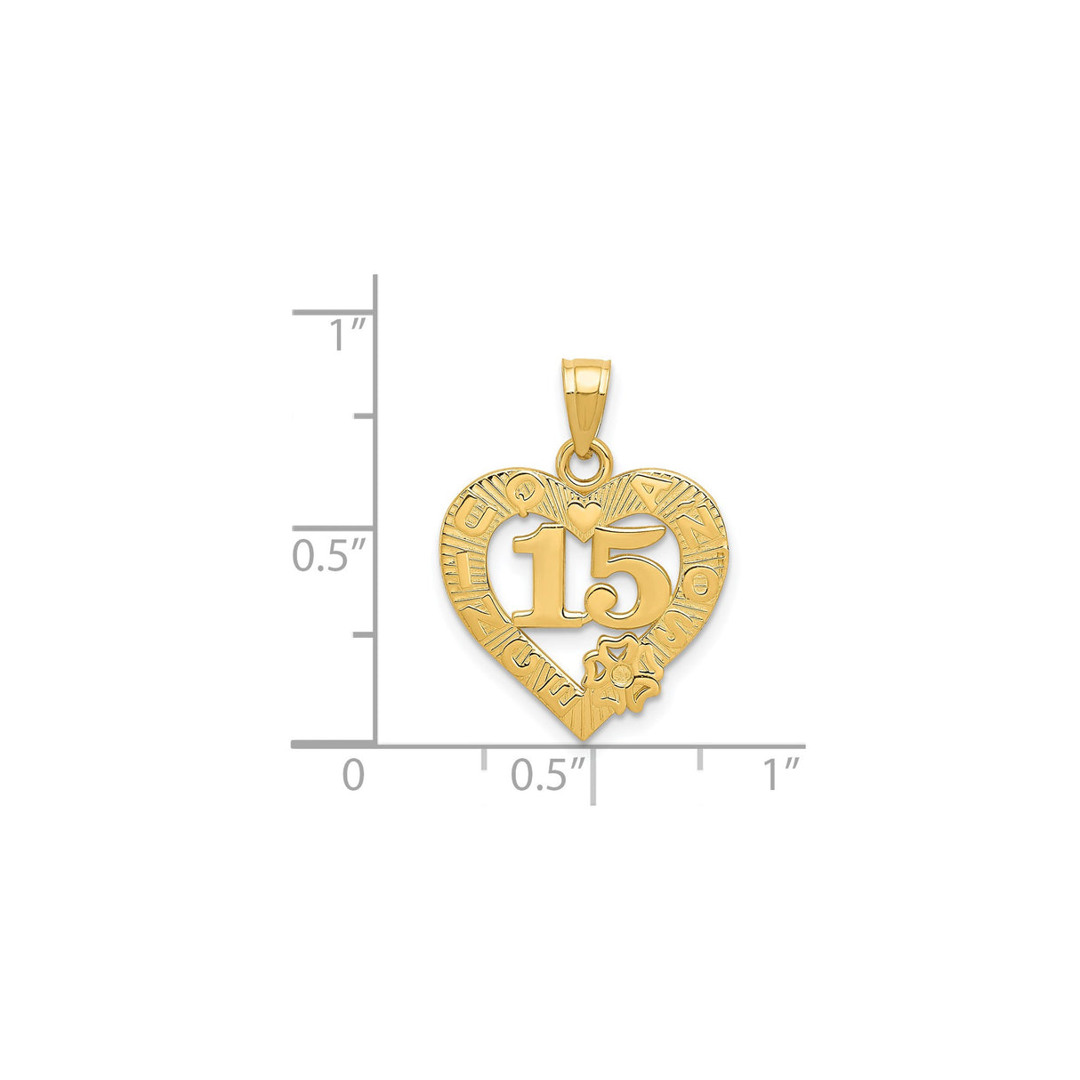14k Yellow Gold Heart Pendant with Number 15, Floral Detail, Quinceañera Charm