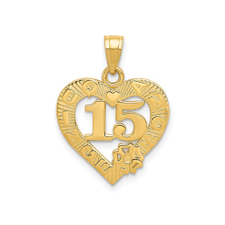 14k Yellow Gold Heart Pendant with Number 15, Floral Detail, Quinceañera Charm