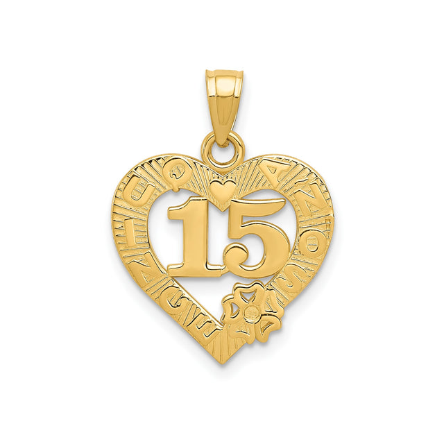 14k Yellow Gold Heart Pendant with Number 15, Floral Detail, Quinceañera Charm