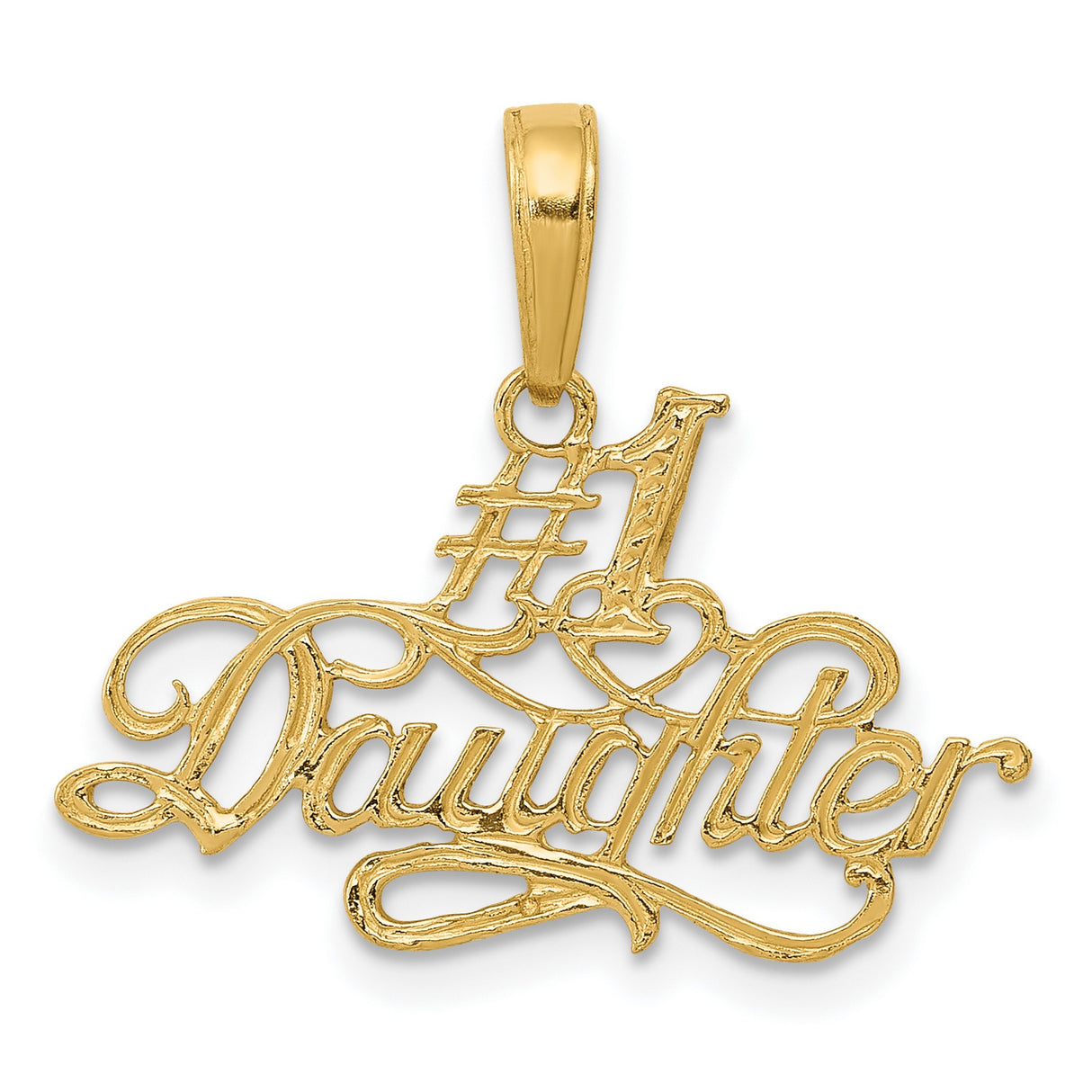 #1 Daughter Words In Cursive Charm Pendant in Real 14k Yellow Gold