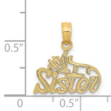 #1 Sister In Cursive Words Charm Pendant in Real 14k Yellow Gold