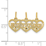 Triple Heart Best Friends Break Apart Charm Pendant in Real 14k Yellow Gold