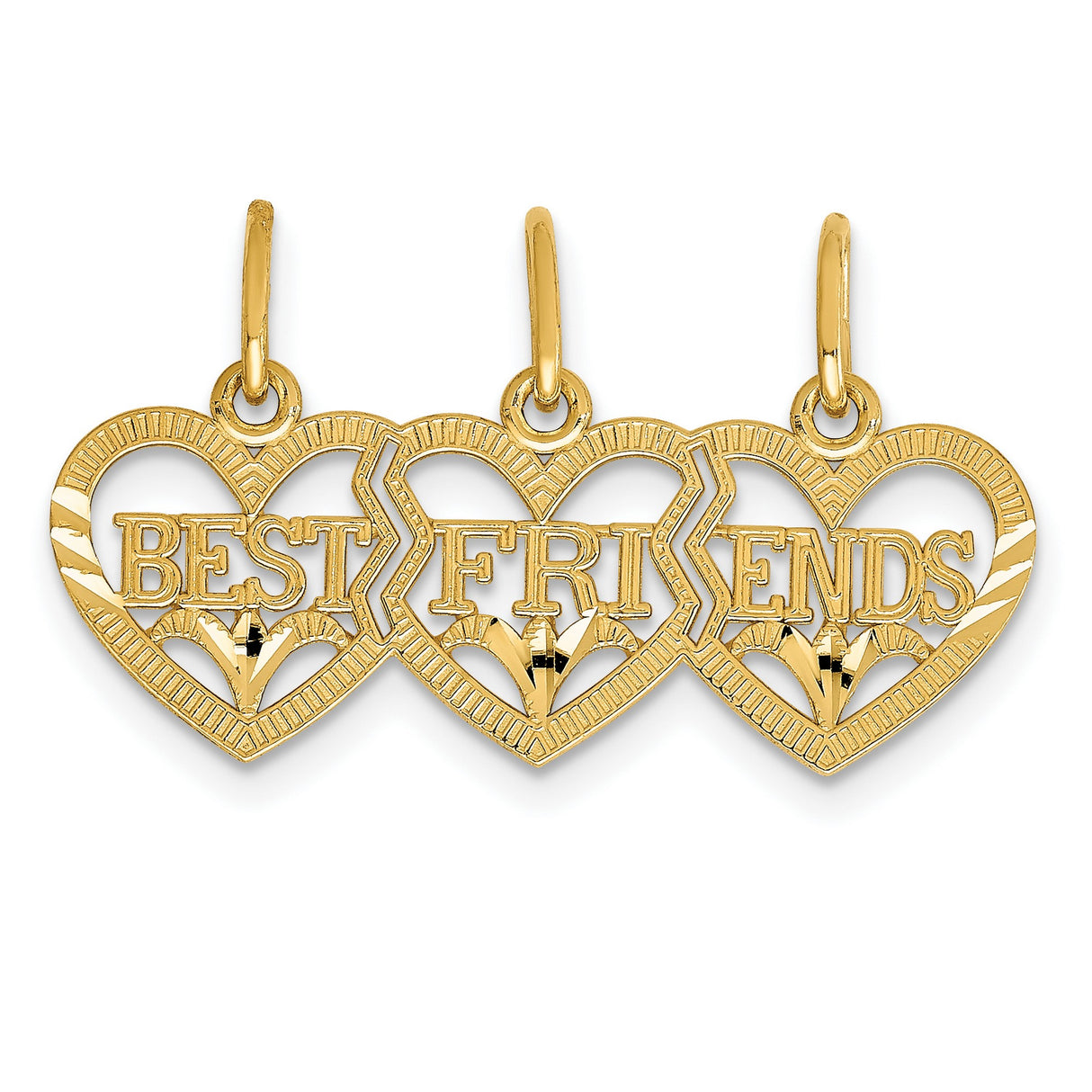 Triple Heart Best Friends Break Apart Charm Pendant in Real 14k Yellow Gold