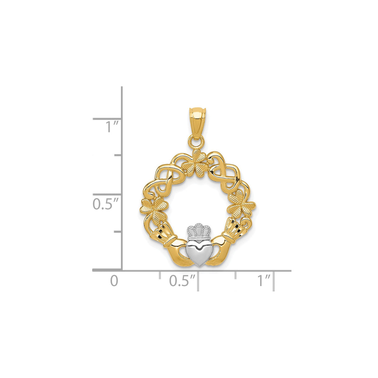 14k Multi-Tone Gold Claddagh Pendant with Shamrocks and Celtic Knots, Rhodium Accents