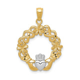 14k Multi-Tone Gold Claddagh Pendant with Shamrocks and Celtic Knots, Rhodium Accents