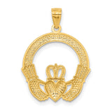 Open-Back Textured Claddagh Charm Pendant in Real 14k Multi-Tone Gold