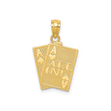 14k Yellow Gold Poker Pendant with Double Aces, All In Phrase, Casino Charm for Men