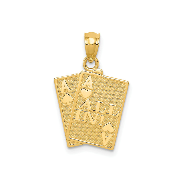 14k Yellow Gold Poker Pendant with Double Aces, All In Phrase, Casino Charm for Men