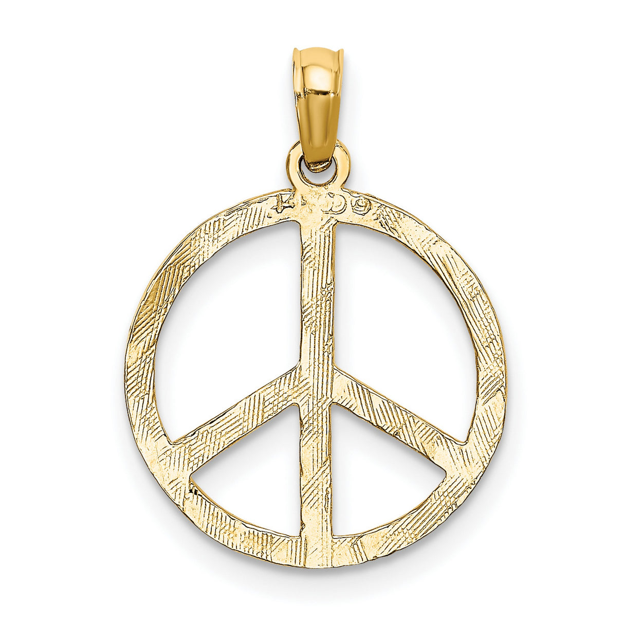14k Yellow Gold Peace Symbol Pendant, Textured Boho Harmony Charm, Unisex Retro Style Jewelry