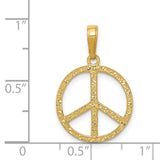 14k Yellow Gold Peace Symbol Pendant, Textured Boho Harmony Charm, Unisex Retro Style Jewelry