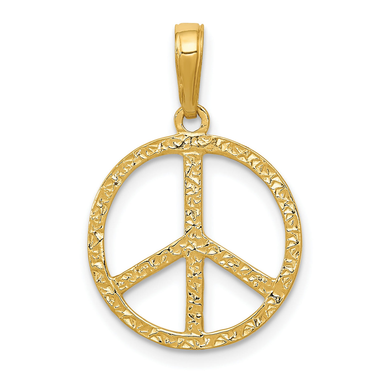 14k Yellow Gold Peace Symbol Pendant, Textured Boho Harmony Charm, Unisex Retro Style Jewelry
