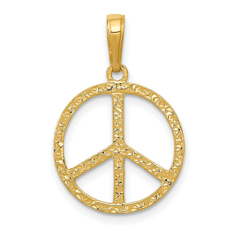14k Yellow Gold Peace Symbol Pendant, Textured Boho Harmony Charm, Unisex Retro Style Jewelry