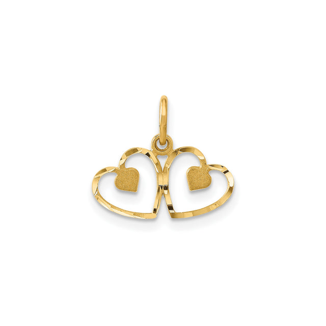 14k Yellow Gold Double Open Heart Pendant with Textured Inner Hearts, Romantic Jewelry for Women