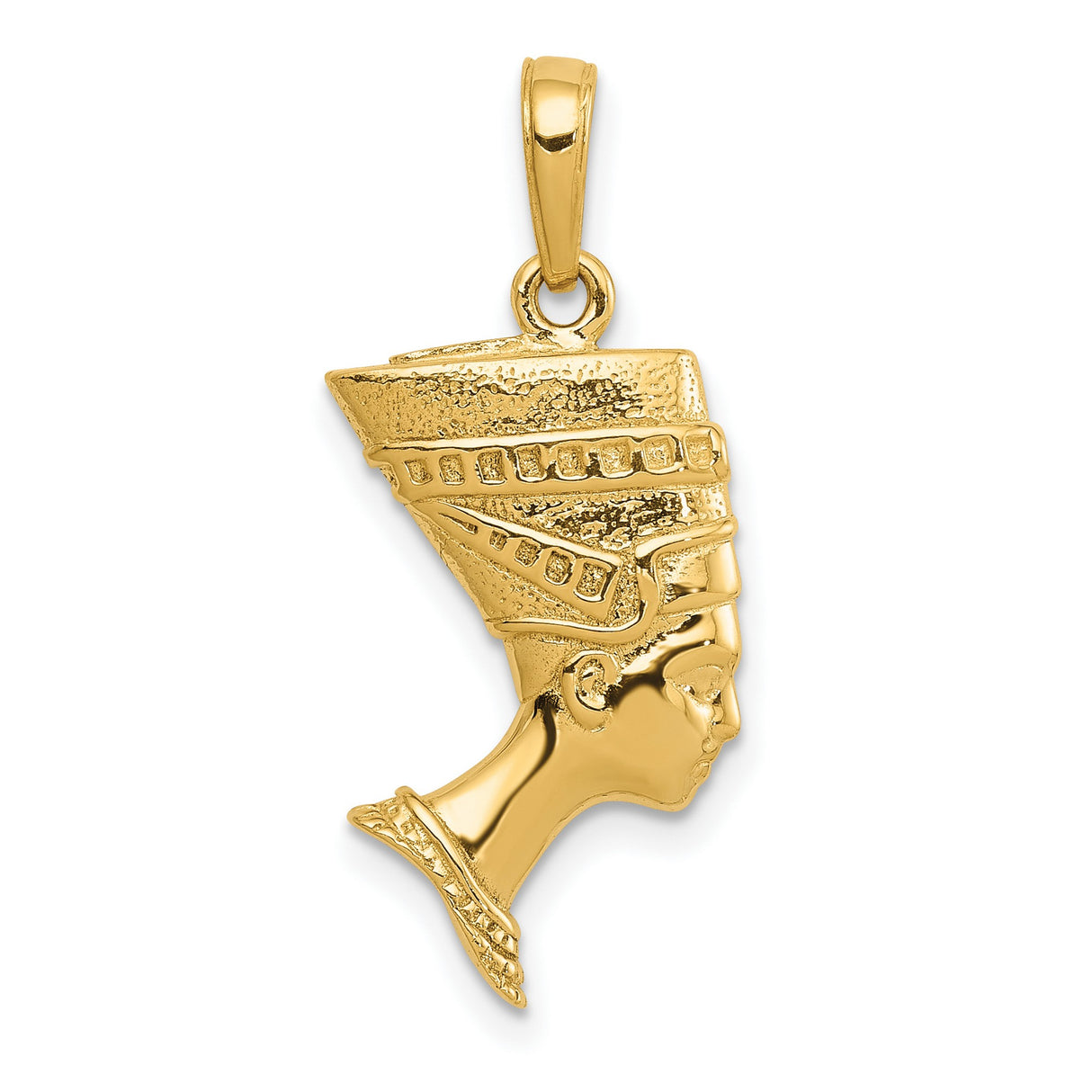 14k Yellow Gold Nefertiti Pendant with Detailed Headdress, Egyptian Queen Profile Charm