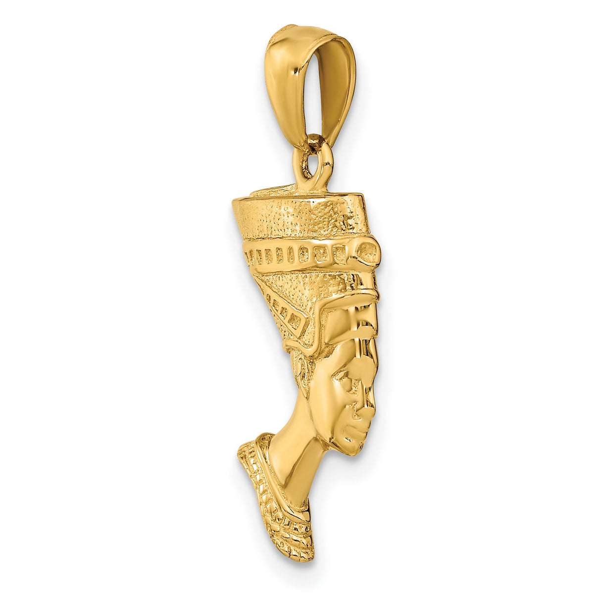 14k Yellow Gold Nefertiti Pendant with Detailed Headdress, Egyptian Queen Profile Charm
