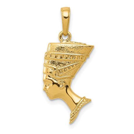 14k Yellow Gold Nefertiti Pendant with Detailed Headdress, Egyptian Queen Profile Charm