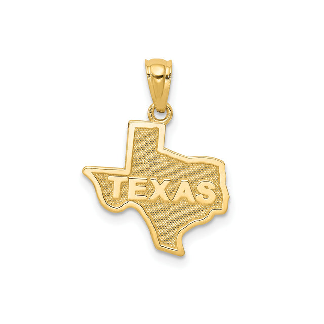 14k Yellow Gold Texas State Pendant with Textured Background and Bold TEXAS Engraving
