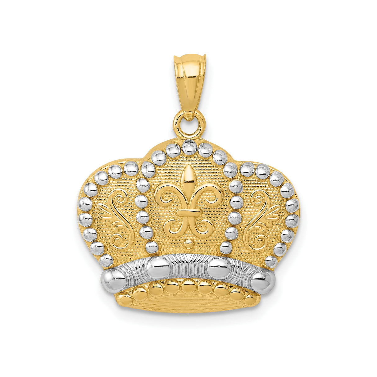 14k Multi-Tone Gold Crown Pendant with Fleur-de-Lis and Scrollwork for Men or Unisex