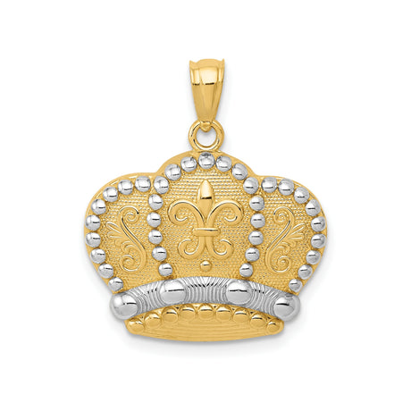 14k Multi-Tone Gold Crown Pendant with Fleur-de-Lis and Scrollwork for Men or Unisex
