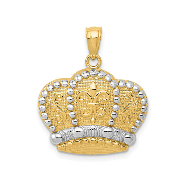 14k Multi-Tone Gold Crown Pendant with Fleur-de-Lis and Scrollwork for Men or Unisex