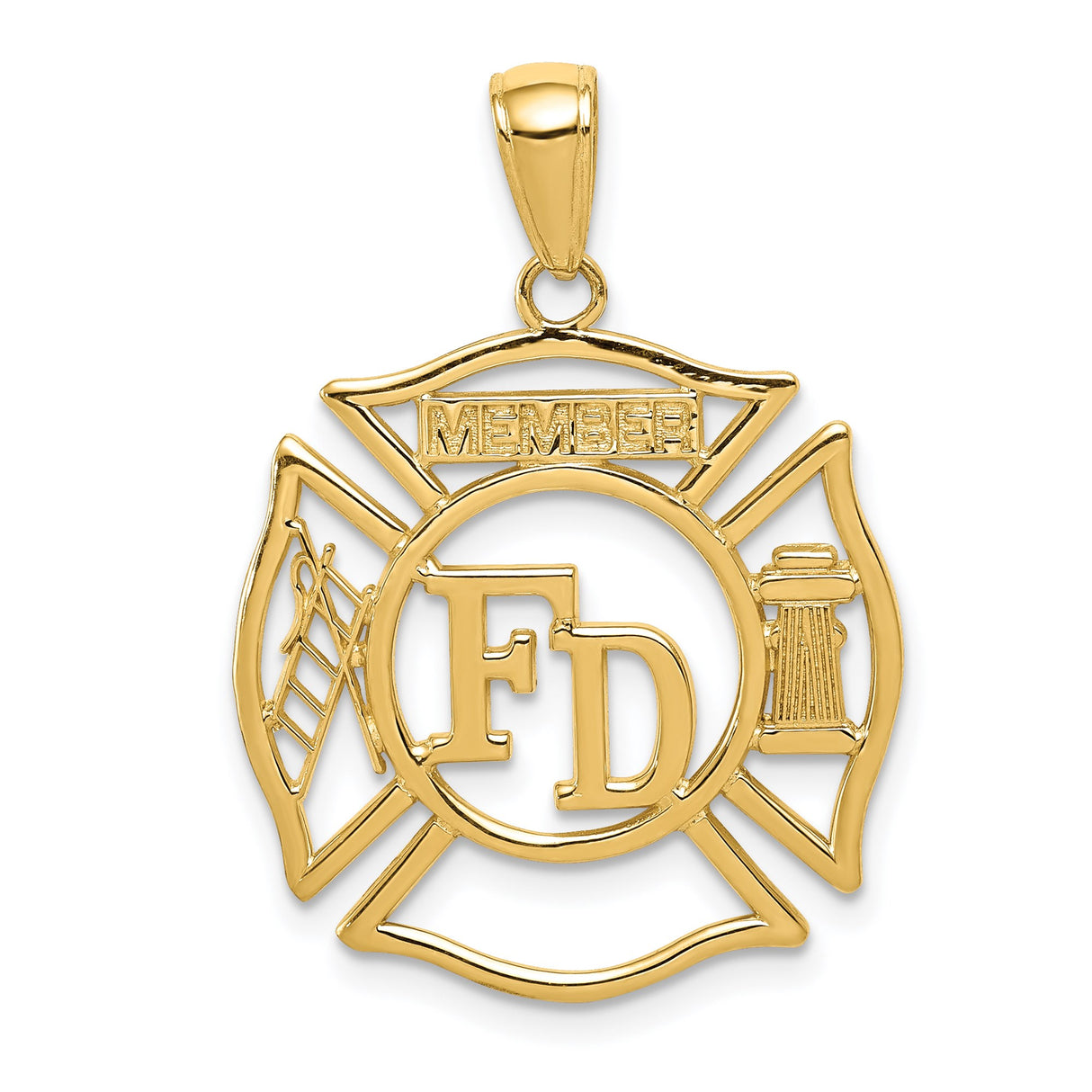 14k Yellow Gold Firefighter Maltese Cross Pendant with FD Initials and Member Engraving
