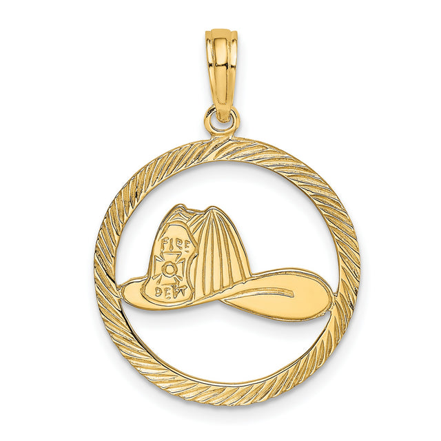 14k Yellow Gold Firefighter Helmet Pendant with Fire Department Emblem in Textured Frame