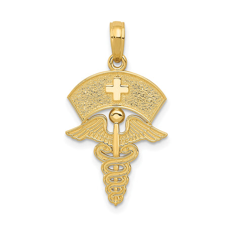 14k Yellow Gold Nurse Pendant with Caduceus Symbol and Cap Cross