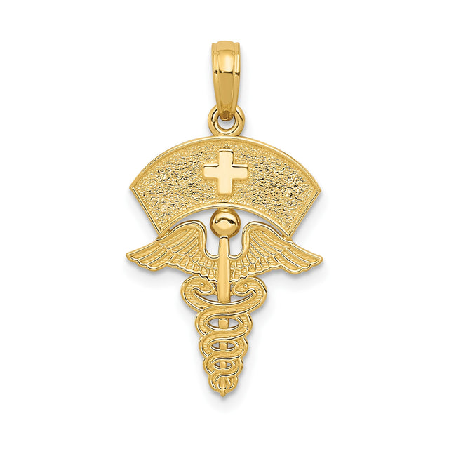 14k Yellow Gold Nurse Pendant with Caduceus Symbol and Cap Cross