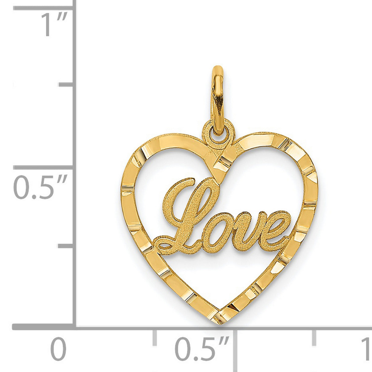 14k Yellow Gold Heart Pendant with Script Love Lettering and Textured Edges