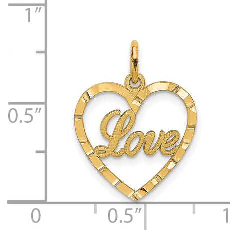 14k Yellow Gold Heart Pendant with Script Love Lettering and Textured Edges
