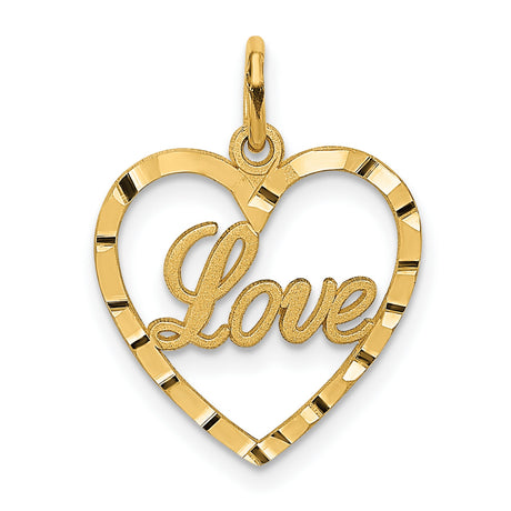 14k Yellow Gold Heart Pendant with Script Love Lettering and Textured Edges