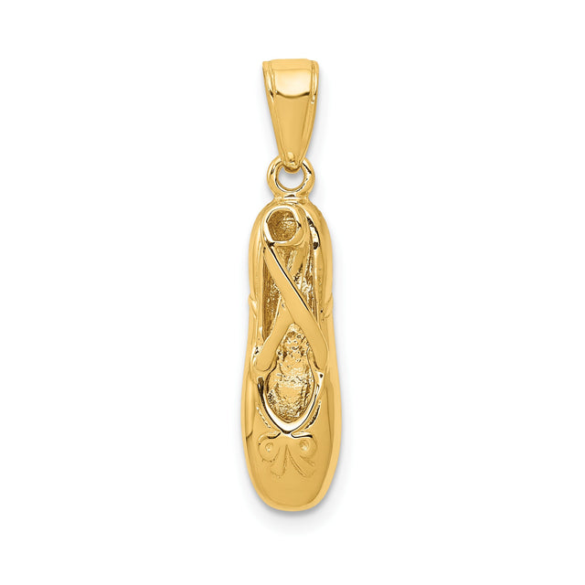 14k Yellow Gold Ballet Slipper Pendant with Ribbon and Bow Engravings for Women and Girls