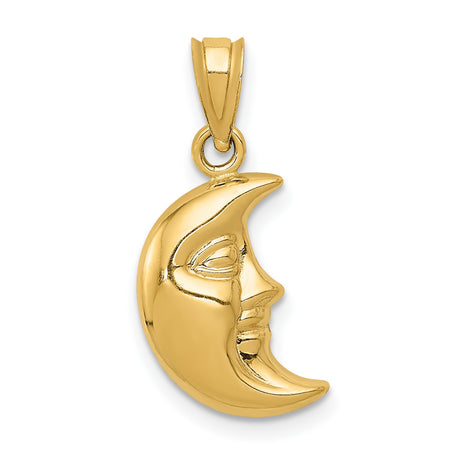 3-D Man In The Moon Crescent Shaped Charm Pendant in Real 14k Yellow Gold