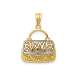 14k Multi-Tone Gold Handbag Pendant with Mom Lettering and Floral Scroll Design