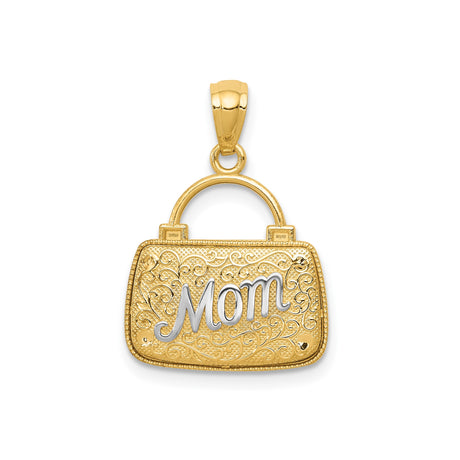 14k Multi-Tone Gold Handbag Pendant with Mom Lettering and Floral Scroll Design