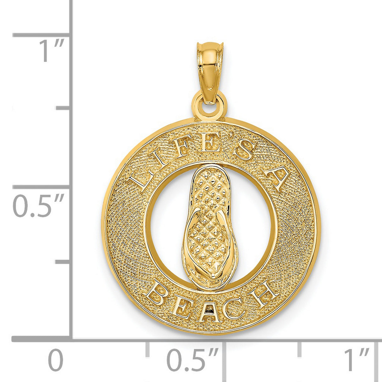 14k Yellow Gold Flip-Flop Pendant, Coastal Beach Theme with Life Is a Beach Engraving