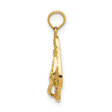 14k Yellow Gold Flip-Flop Pendant, 3D Textured Double Sandal Design, Coastal Summer Style