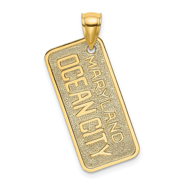 14k Yellow Gold Pendant Charm, Textured Maryland Dog Tag with Ocean City Engraving