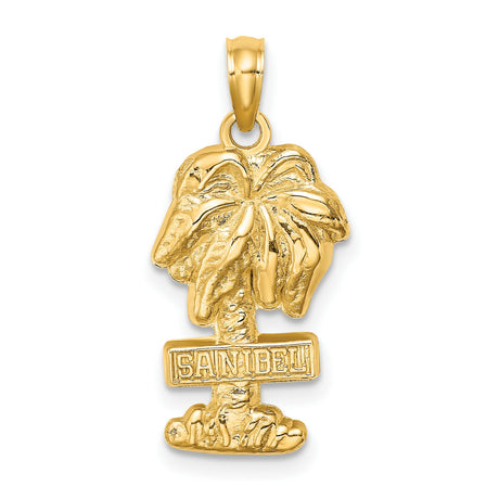 14k Yellow Gold Palm Tree Pendant with Sanibel Engraving, Tropical Island Charm