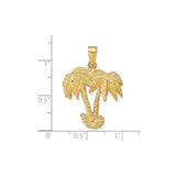 14k Yellow Gold Palm Tree Pendant with Double Trunks and Textured Leaves