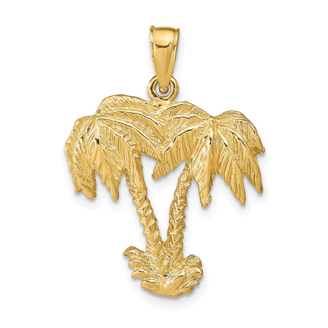 14k Yellow Gold Palm Tree Pendant with Double Trunks and Textured Leaves