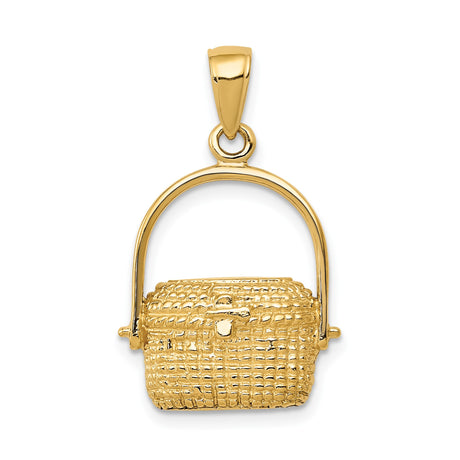 14k Yellow Gold Picnic Basket Charm with Woven Texture and Movable Handle