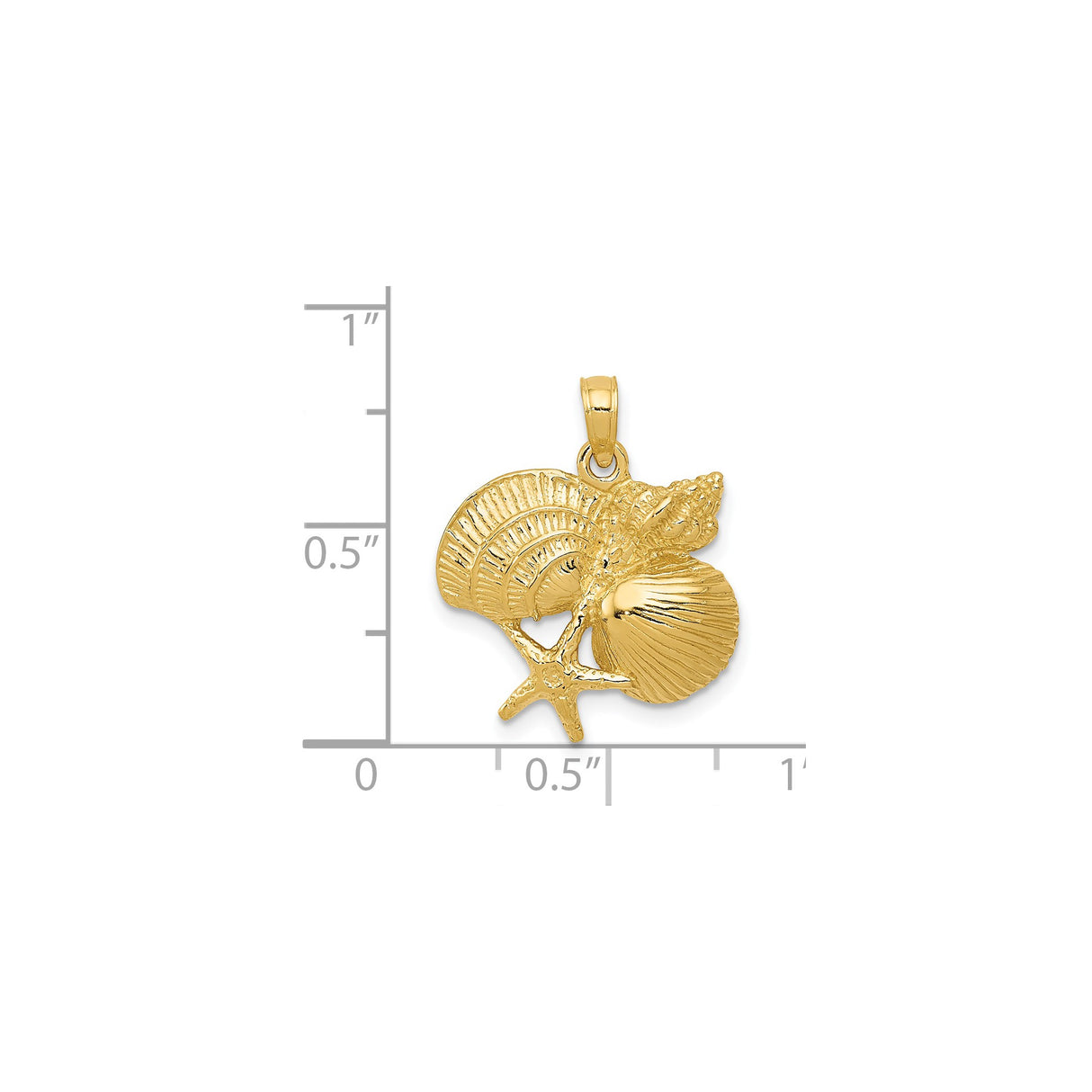 14k Yellow Gold Pendant with Seashell and Starfish, Nautical Ocean Life Charm