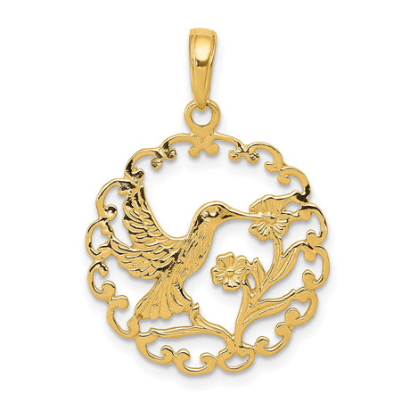 14k Yellow Gold Pendant with Hummingbird and Floral Scrollwork Circle Design