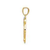14k Yellow Gold and Rhodium Owl Pendant, Openwork Design with Diamond Cut Accents, Bird Motif