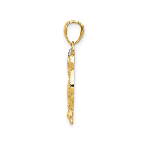 14k Yellow Gold and Rhodium Owl Pendant, Openwork Design with Diamond Cut Accents, Bird Motif