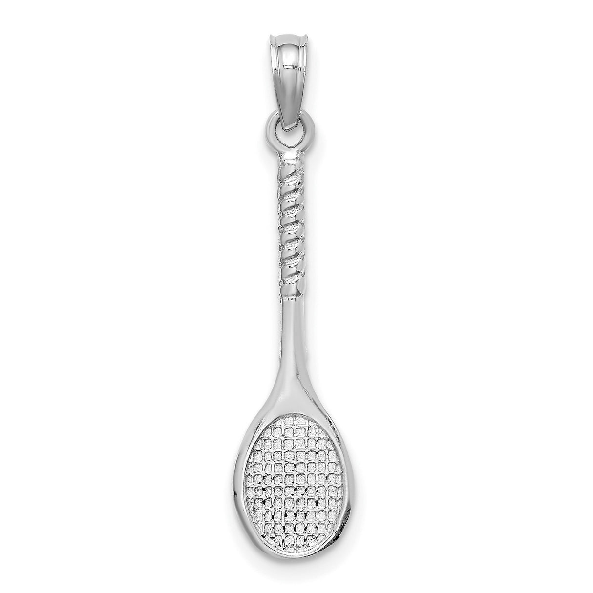 14k White Gold Tennis Racquet Pendant, Athletic Charm with Detailed Strings and Handle
