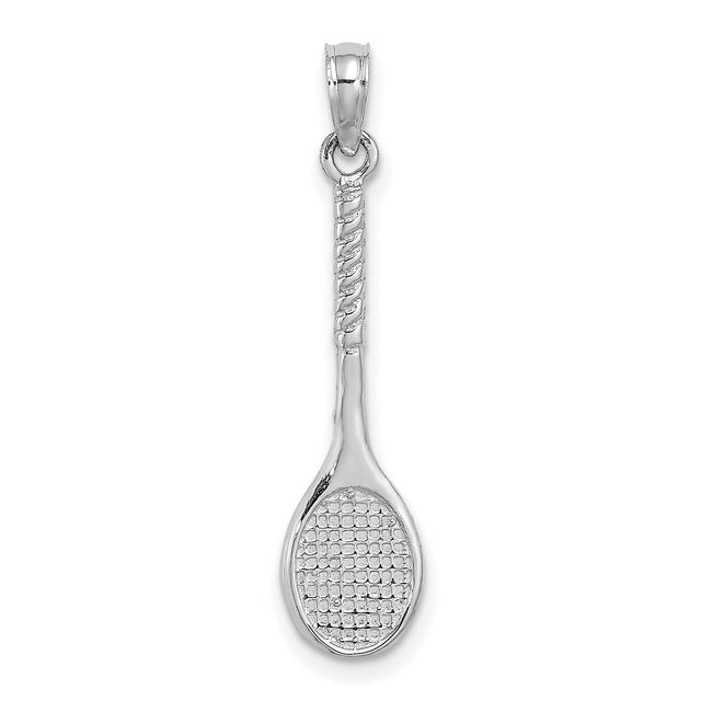 14k White Gold Tennis Racquet Pendant, Athletic Charm with Detailed Strings and Handle